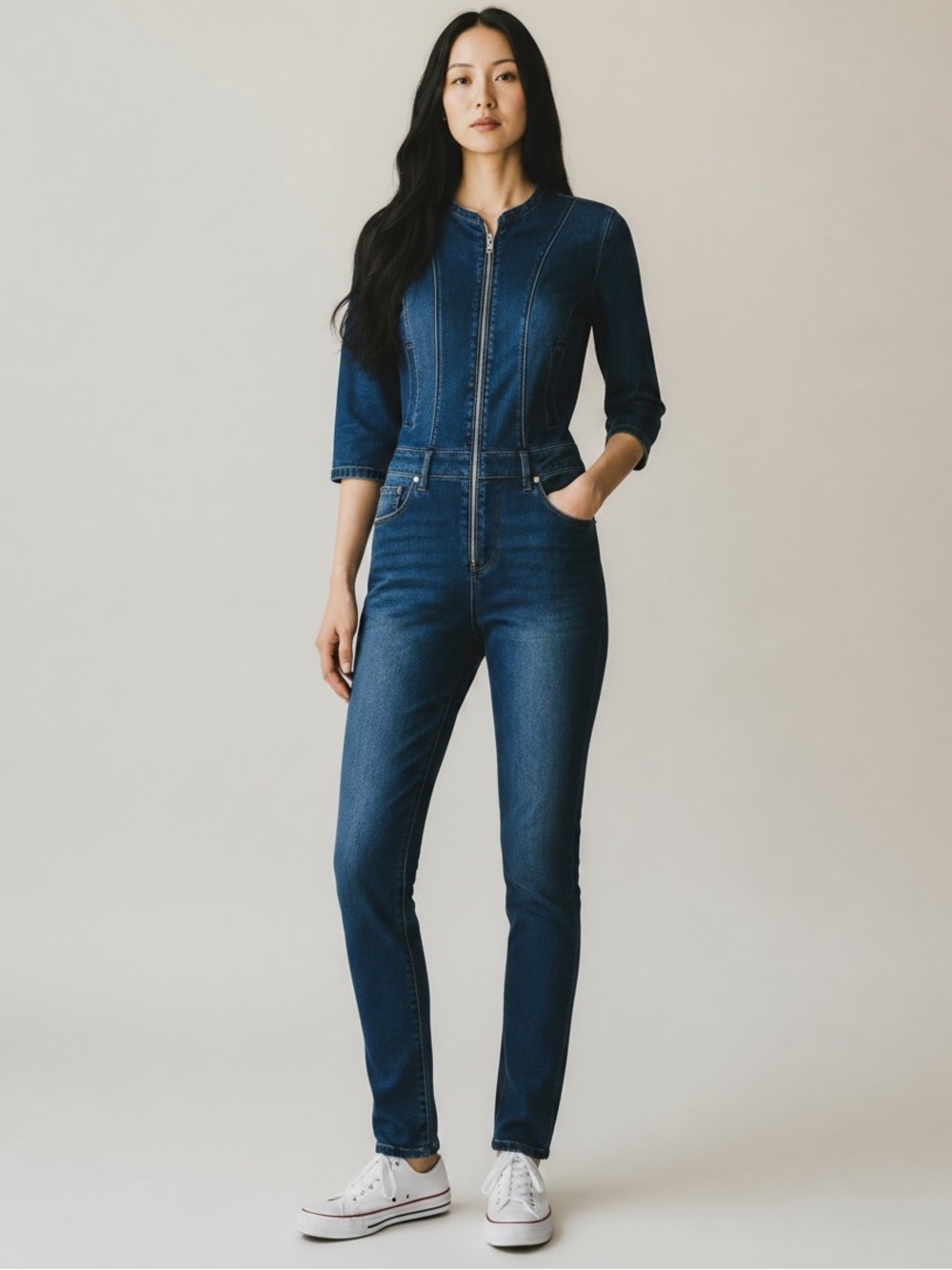 Bebe Indigo Denim Jumpsuit with Zipper